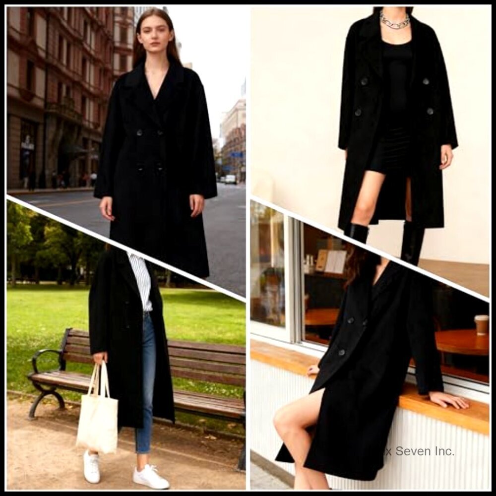 Wool Blend Long Pea Coat Double Breasted Notched Lapel Trench Coat - Picture 6 of 7